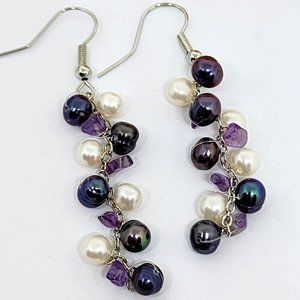 Purple Tahitian White Natural Pearl and Amethyst Stone Dangle Pierced Earrings